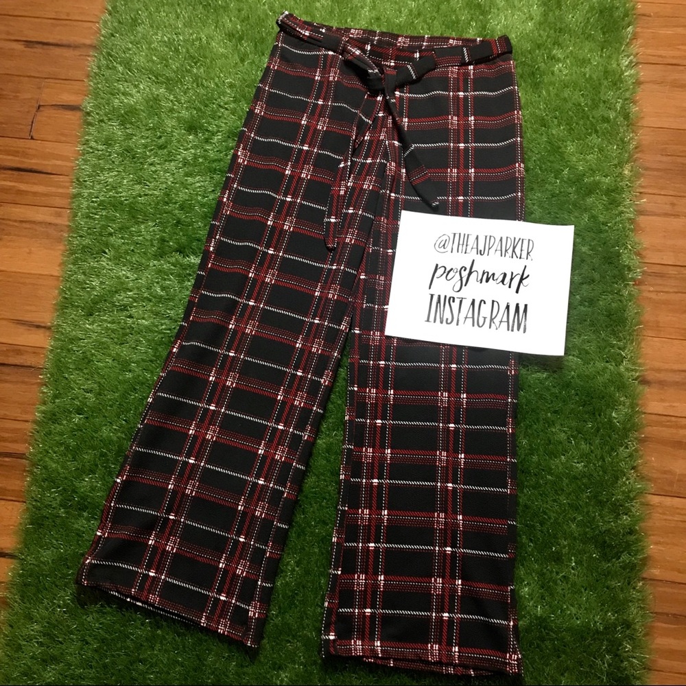 Hot Kiss Tie Waist Pants red black white plaid L